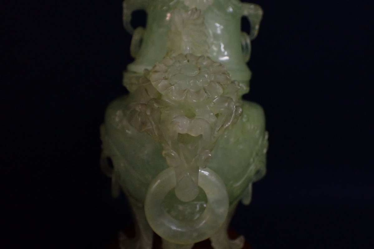 ☆1101112 中国 玉石 香炉 台付 獅子耳 鳳凰彫 置物 ☆(東洋彫刻