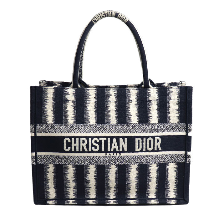 Christian Dior クリスチャンディオール ブックトート ミディアム ストライプ トートバッグ ベージュ ネイビー 50-MA-1220 レディース 中古
