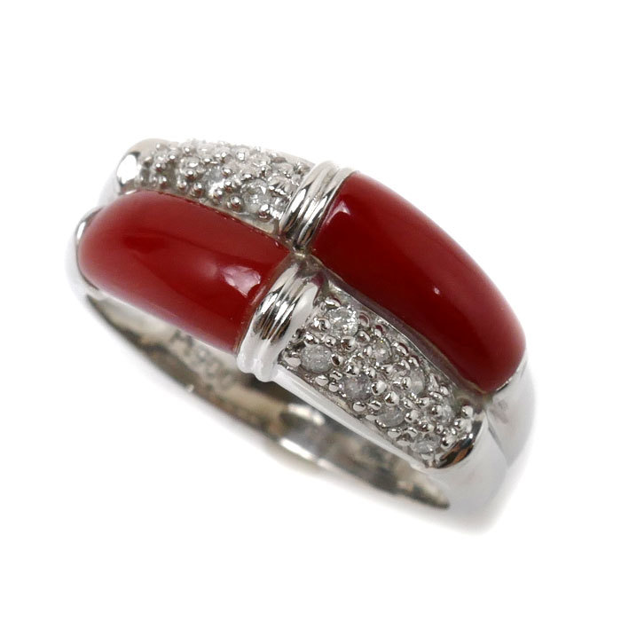 独特な ダイヤモンド0.16ct サンゴ リング・指輪 Pt900プラチナ 12号 美品 中古 レディース 6.6g コーラル、サンゴ