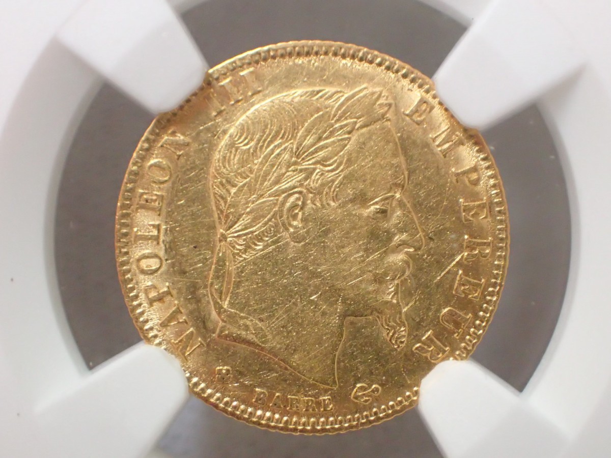 k4214 / 希少 レア 1867BB FRANCE フランス G5F AU DETAILS OBV SCRATCHED NGC 5フラン 現状品_画像3