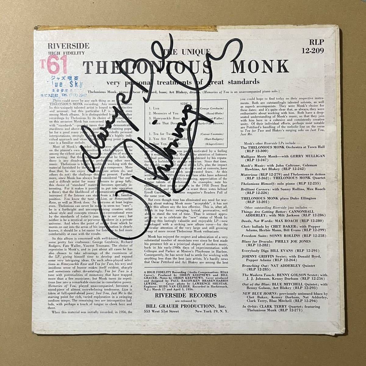 直筆サイン/ US Riverside RLP 12-209 オリジナル The Unique Thelonious Monk DGレーベル / 初期 mono original_画像4