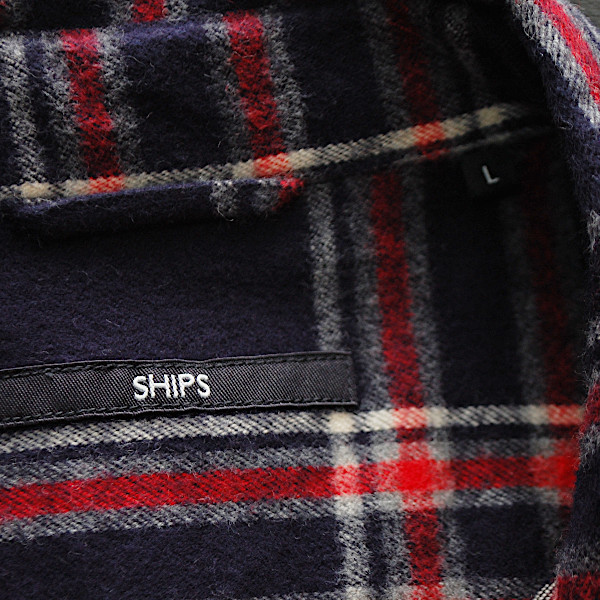SHIPS 長袖 好配色 チェック柄フランネルシャツ 紺x赤 L 日本製 シップス_画像4