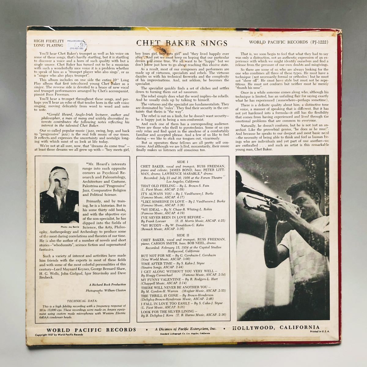 #2822【オリジナル/希少】チェットベイカー Chet Baker Sings LP Pacific Jazz PJ-1222 Mono DG チェット・ベイカー ジャズ レコード 12in_画像3