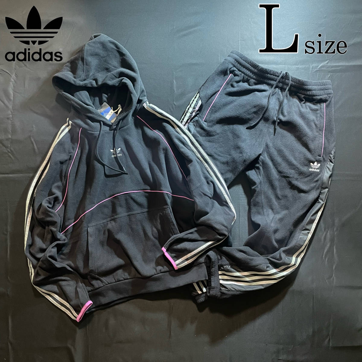 送料無料 新品 adidas originals 上下セットアップ Lsize アディダスオリジナルス 3ストライプ ボア 黒 秋 冬 ポーラーフリース 裏起毛_画像1