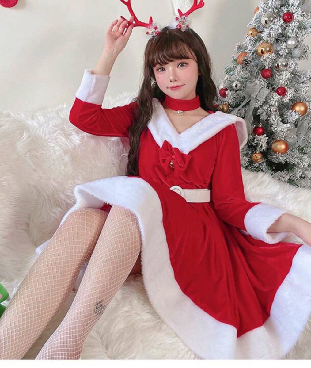 新品 セクシーサンタ クリスマスイベント衣装 うさ耳 ワンピース チョーカー ベルト リボン レッド 赤 ドレス 