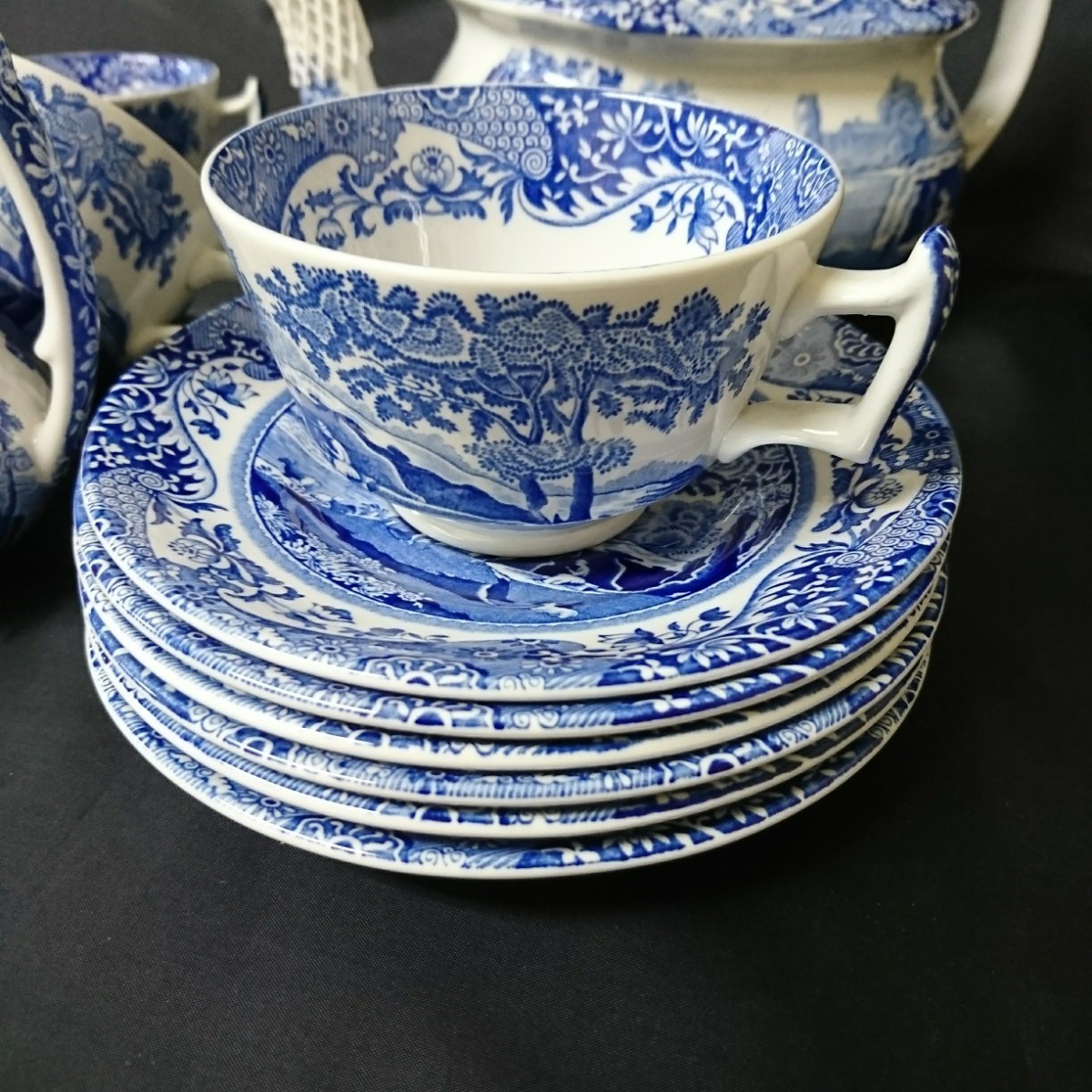 未使用保管品 スポード ブルーイタリアン ティーセット 元箱なし Spode カップ ソーサー クリーマー ポット シュガーポット_画像7