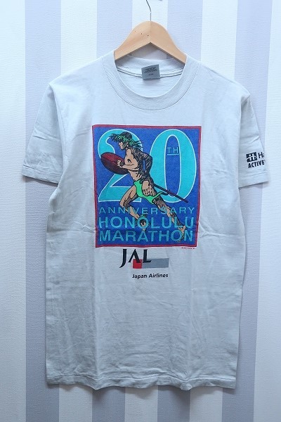 2-6114A/ONEITA JAL 日本航空 ホノルルマラソン 20周年記念 半袖Tシャツ USA製 オニータ ビンテージ 送料200円 _画像1