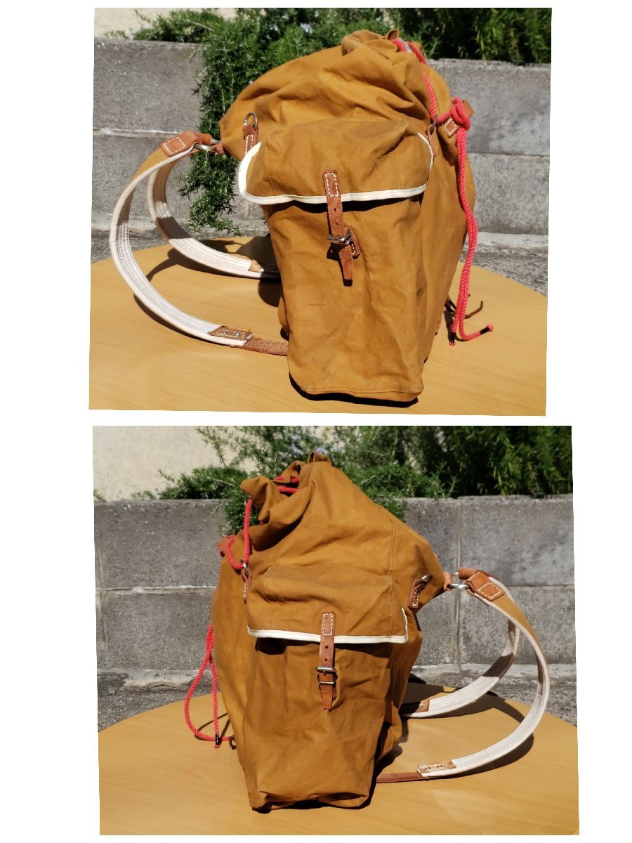 帆布 リュックサック 登山用品 登山リュック 山菜採り 大容量 70L? 宿泊学習 合宿 キスリングザッグ 美品 レザー 革【80z214】_画像4