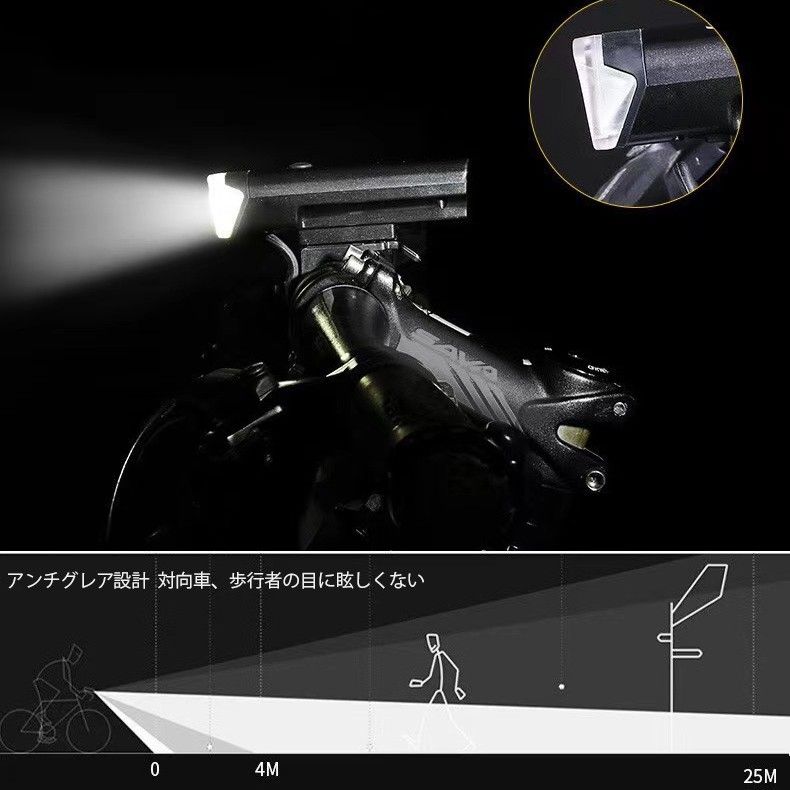 自転車ライト USB 充電式 高輝度 懐中電灯 明暗センサー搭載 ブラック 自動点灯  LED　電池残量表示　自転車ヘッドライト