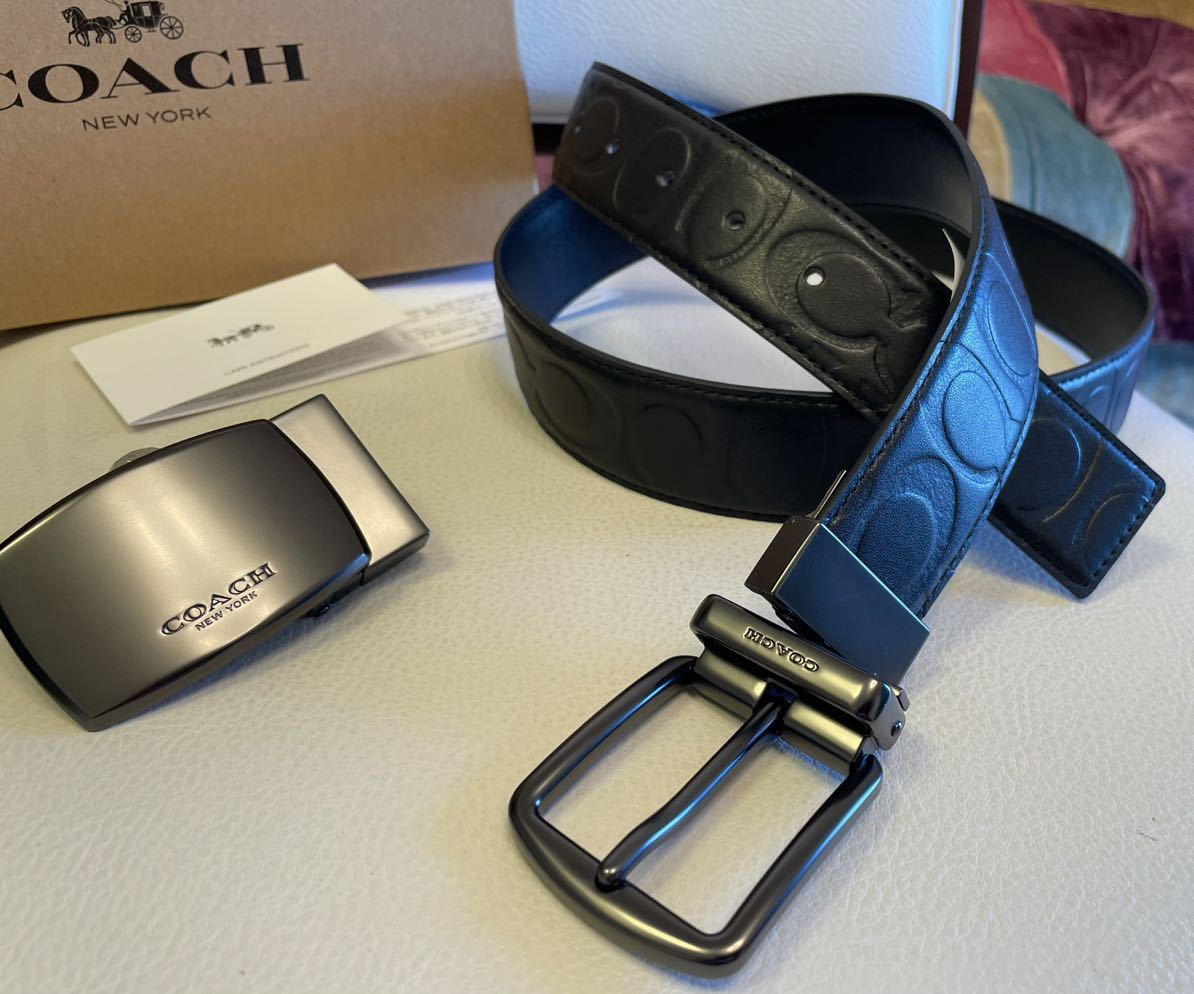 新品COACHコーチ3点セットシグネチャーレザーリバーシブルフリーサイズベルトギフト箱付き_画像4