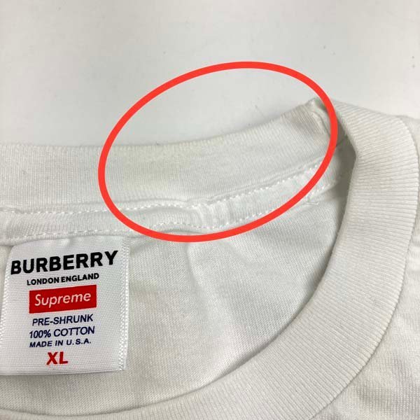 ｔ)シュプリーム Supreme×バーバリー Burberry Box Logo Tee ボックスロゴ Tシャツ 半袖 XLサイズ 白 コットン 中古 ※シミ/汚れ有り_画像4