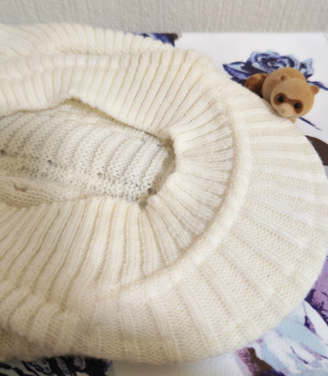 即決 美品 可愛い 毛糸 レディース 女性用 ハンチング 帽子 キャスケット 白 ホワイト 検: ベレー帽_画像5