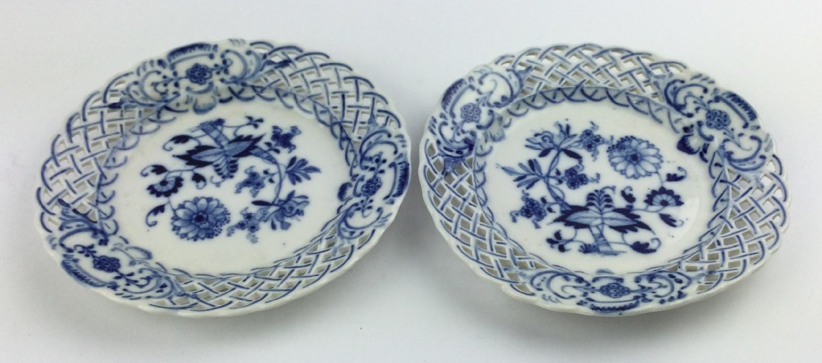 透かし　飾り皿　小皿　Meissen　2枚　直径約15cm　洋食器　皿　お皿　食器　ブルー　青　インテリア　キッチン　t663-C_画像1