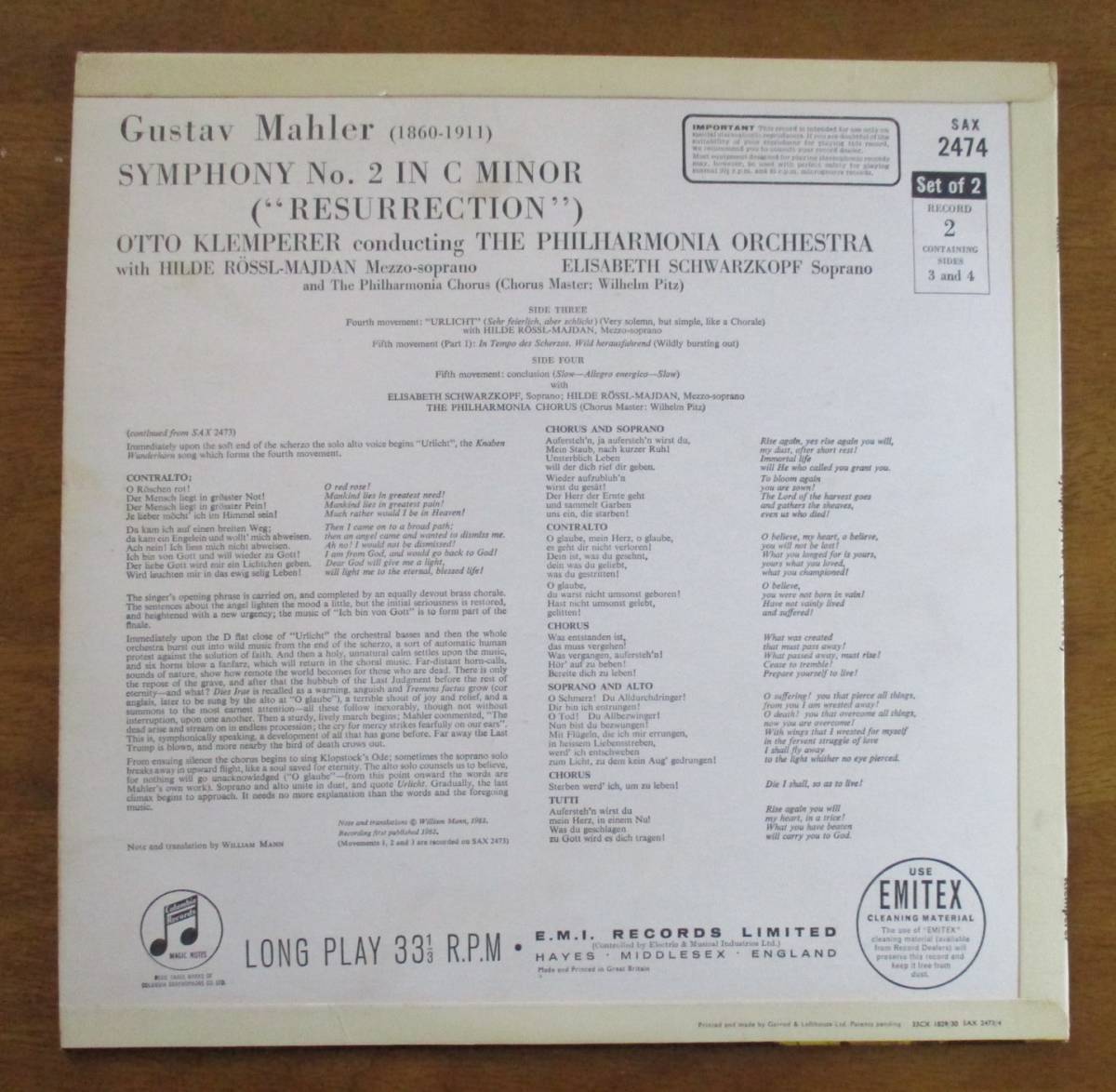 クレンペラ－ ／ マ－ラ－「交響曲 第２番　復活」（２枚組）　英コロンビア　 ブル－シルバ－盤　_画像5