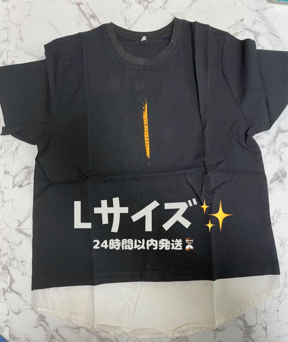 即日発送！メンズTシャツ　ブラック(Lサイズ) 重ね着風 オシャレ 服 カジュアル トップス ロンt ゆったり 大きいサイズ 