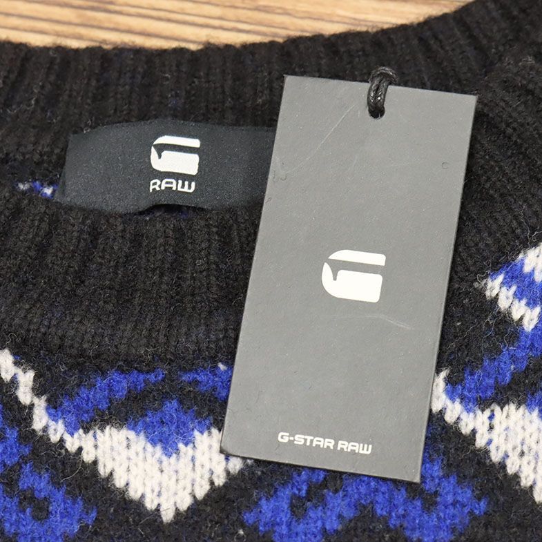 1円/秋冬/G-STAR RAW/XXSサイズ/ジャガード ニット TAGALOG R KNIT L/S D10909-2340-6484 レトロ柄 ラムズウール 新品/黒×青/ga420/_画像7