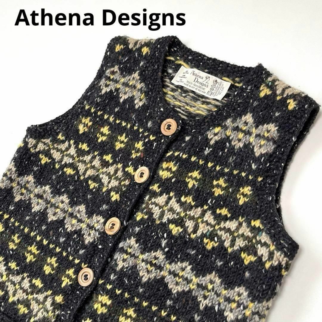 Athena Designs アテナデザイン ベスト カーディガン ウール ボタン マルチカラー 黒 イエロー
