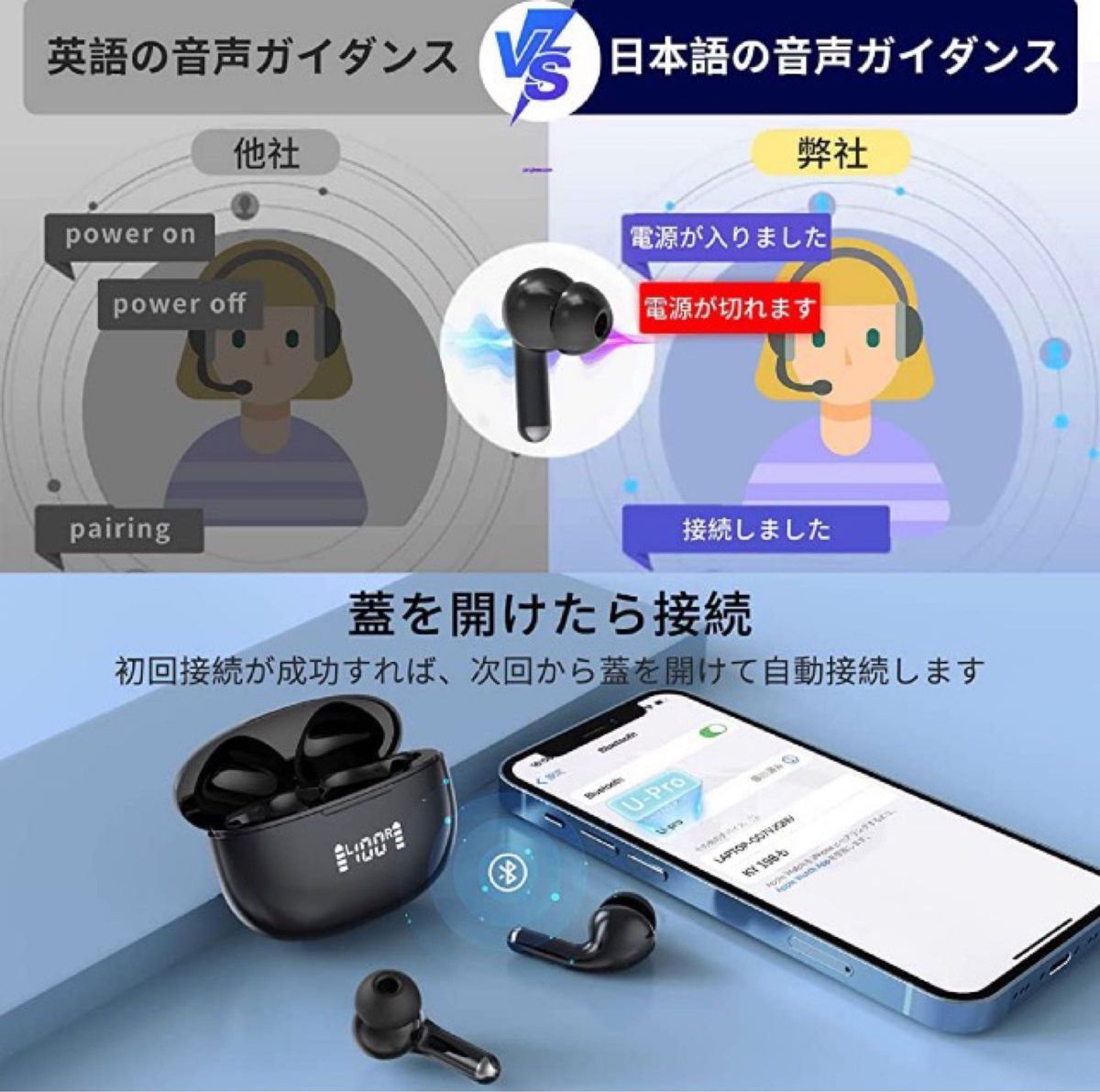 【Bluetooth5.3 技術 蓋を開けたら接続】bluetooth イヤホン ワイヤレスイヤホン マイク付き 重低音Hi-Fi