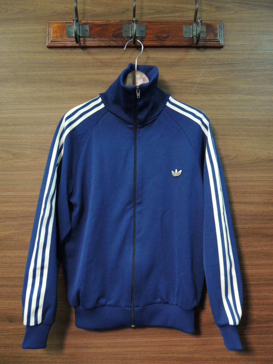 80S VINTAGE アディダス ADIDAS デサント ADS-4F リブ長襟 ジャージ トラック トップ ジャケット 4号 ネイビー ビンテージ トレフォイル_画像1