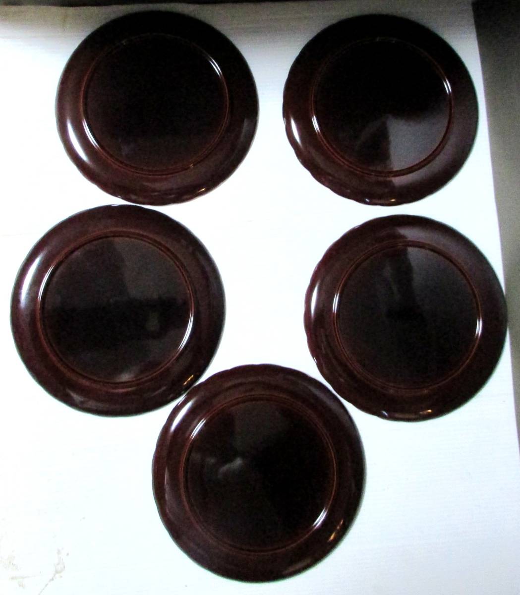 茶道具　菊皿　銘々皿　留塗（５枚組）径：（約18.5㎝ｘH１㎝）合成漆器　木粉合成樹脂_画像3