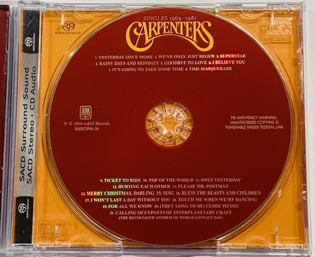 HYBRID SACD☆CARPENTERS カーペンターズ/SINGLES 1969-1981 高音質盤 DSD B0002996-36 1円～ 廃盤レア♪ 希少 シングルス ハイブリッド_画像2