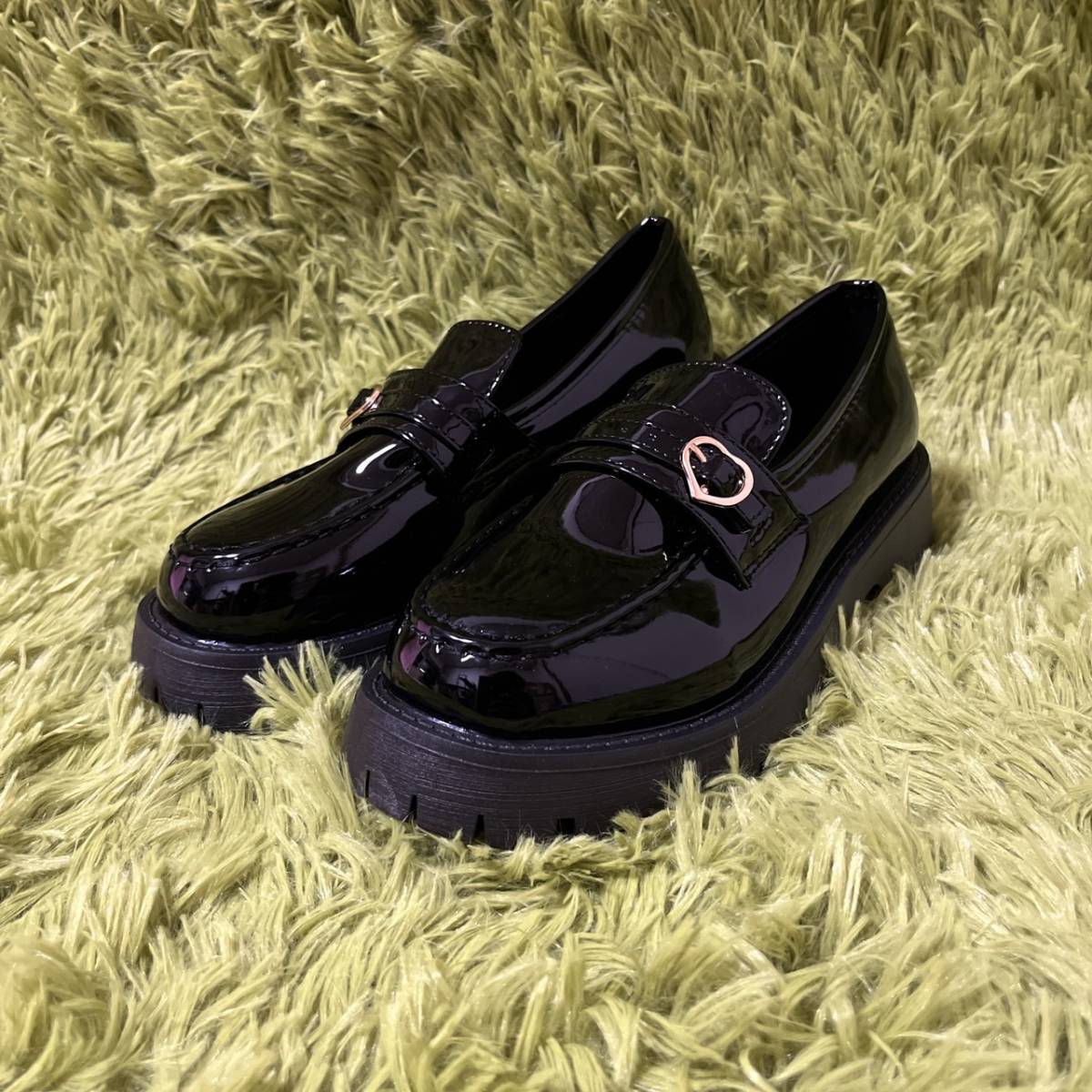 23.5cm lady's mass production type woman leather shoes shoes thickness bottom Loafer ground . series Heart buckle enamel black 502 R35