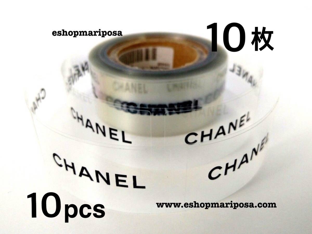 CHANEL◆シャネル 上質ロゴシール 10枚 クリア 透明 x 黒ロゴステッカー 正規品 ラッピングリボンと梱包 スクエアステッカー ブラック文字_画像1