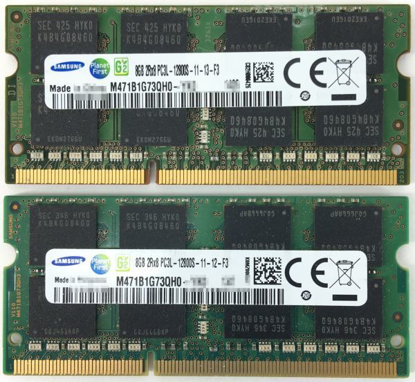 【8GB×2枚組】低電圧版 SAMSUNG PC3L-12800S(DDR3L-1600) 計16GB 2R×8 低電圧版 中古メモリー ノート用 DDR3L 即決 動作保証【送料無料】_画像2