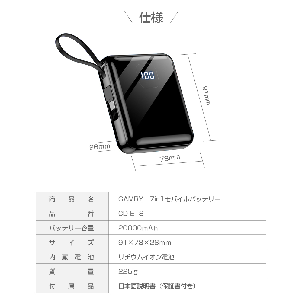 モバイルバッテリー 20000mAh 大容量 小型 スマホ充電器 軽量 4つケーブル内蔵 急速充電 残量表示 iPhone/Android各種対応 充電器 ホワイト_画像3