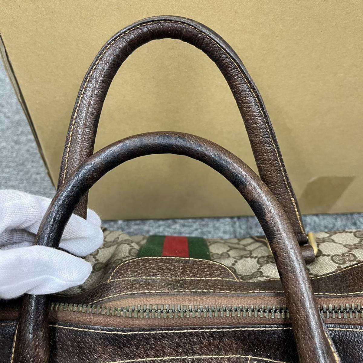 249.◎1円スタート◎【ジャンク品】GUCCI グッチ オールドグッチ ハンドバッグ ミニ ボストン GG柄 シェリーライン ブラウン【94719】_画像5