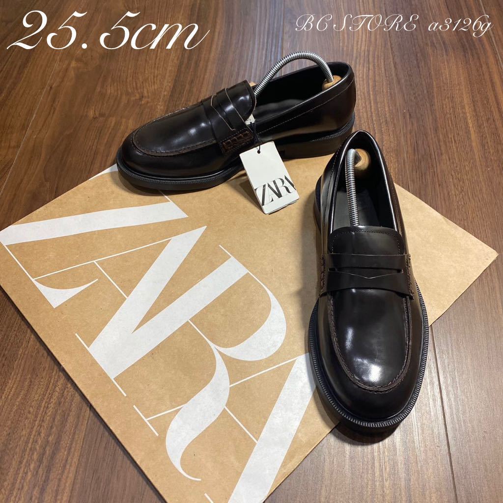 新品 ZARA 牛革 コインローファー 25.5cm 39 DARK BROWN メンズ ザラ レザー ローファー ブーツ シューズ カジュアル フォーマル _画像1