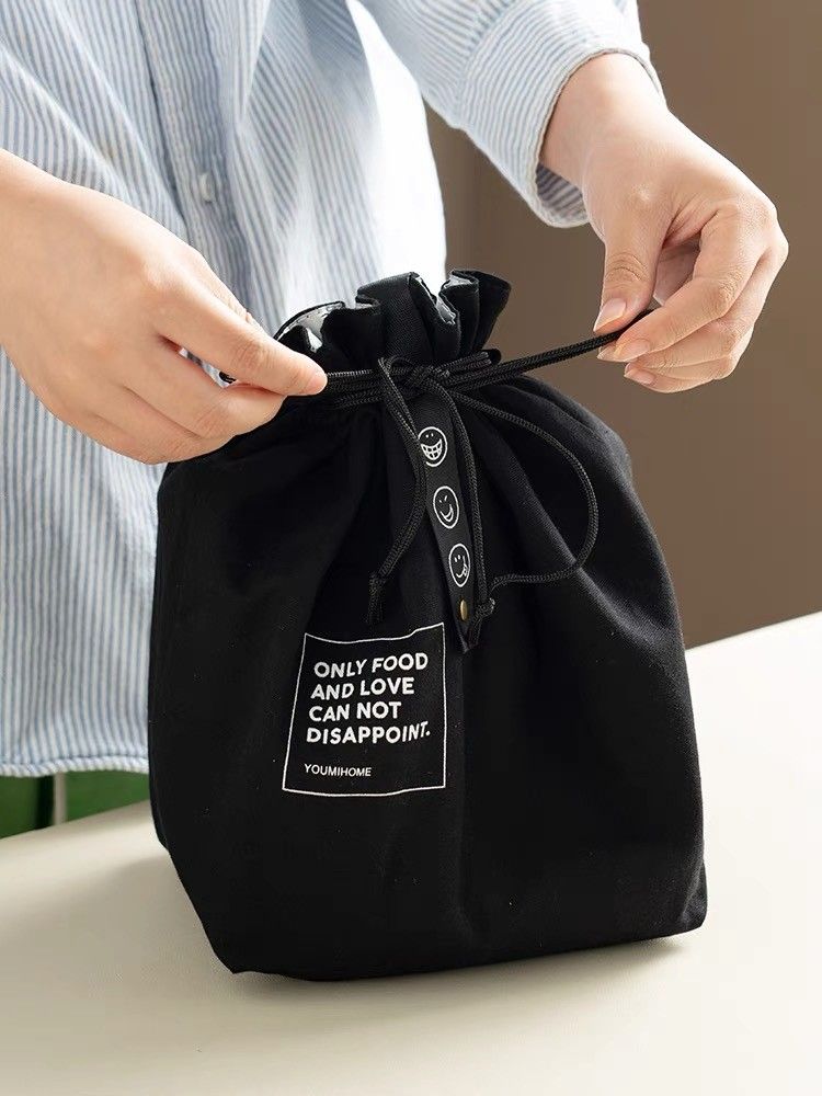 新品 大人気 ランチバッグ 弁当袋 巾着バッグ 保冷バッグ コットンキャンバス ブラック