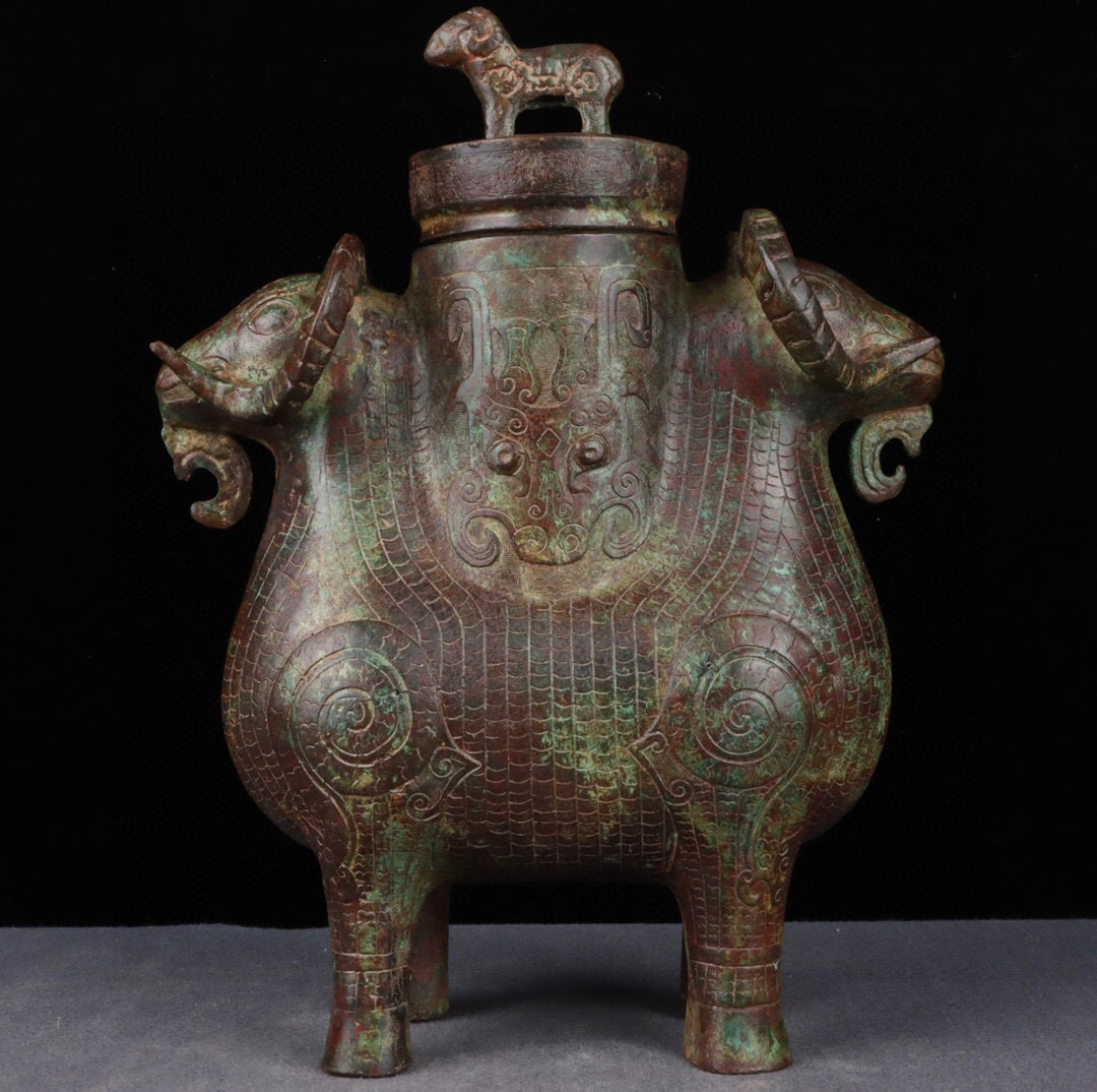 『西周・青銅器彫・雙羊尊』極細工 置物 古賞物 中国古玩 中国古美術
