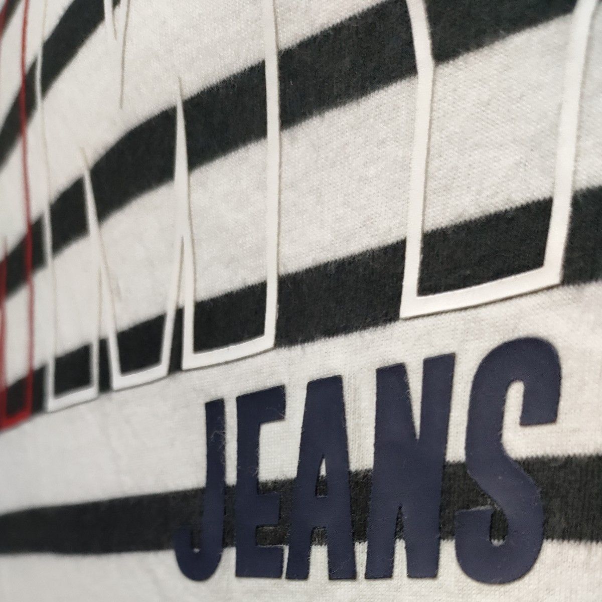 トミージーンズ半袖ＴシャツL　ホワイト×ブラックボーダー　TOMMY JEANS「M」の赤文字がおしゃれプリントトミーヒルフィガー