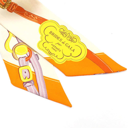 極美品 エルメス スカーフ HERMES シルク ツイリー BRIDES DE GALA APPLIQUE クリームxオレンジ レディース 063940S 04125_画像3