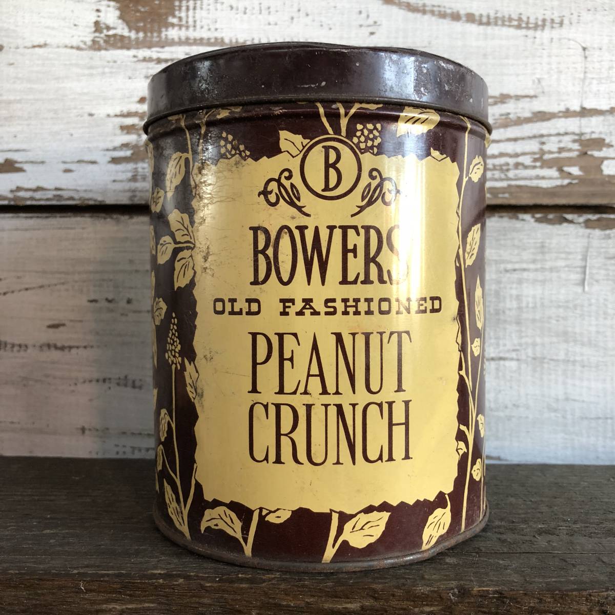 即決 Bowers Peanut Crunch ビンテージ缶 ピーナッツ / アンティーク カントリー キッチン カフェ ディスプレイ 雑貨 キャニスター_画像1