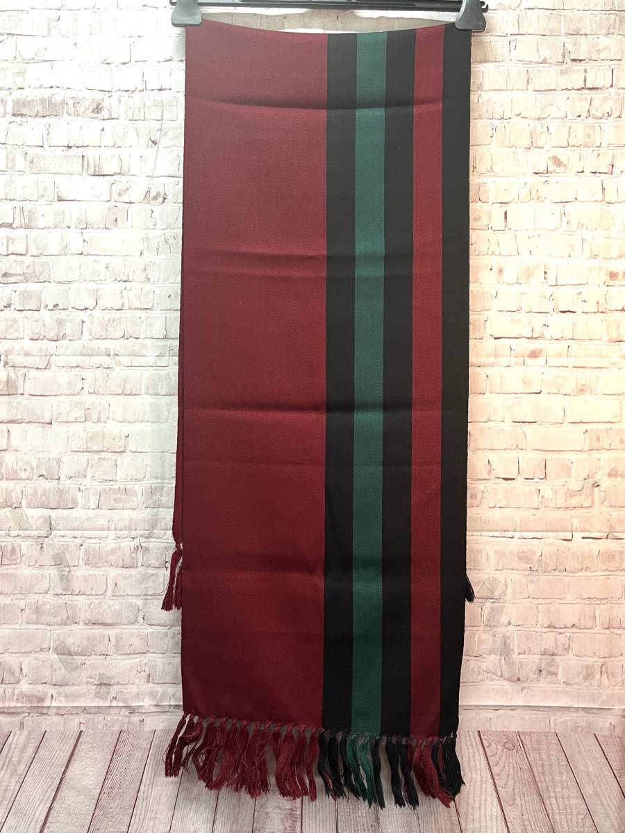 【良品】DIOR　ディオール ストール　ボルドー×ブラック×グリーン　リネン　麻　100％　156×35.5_画像3