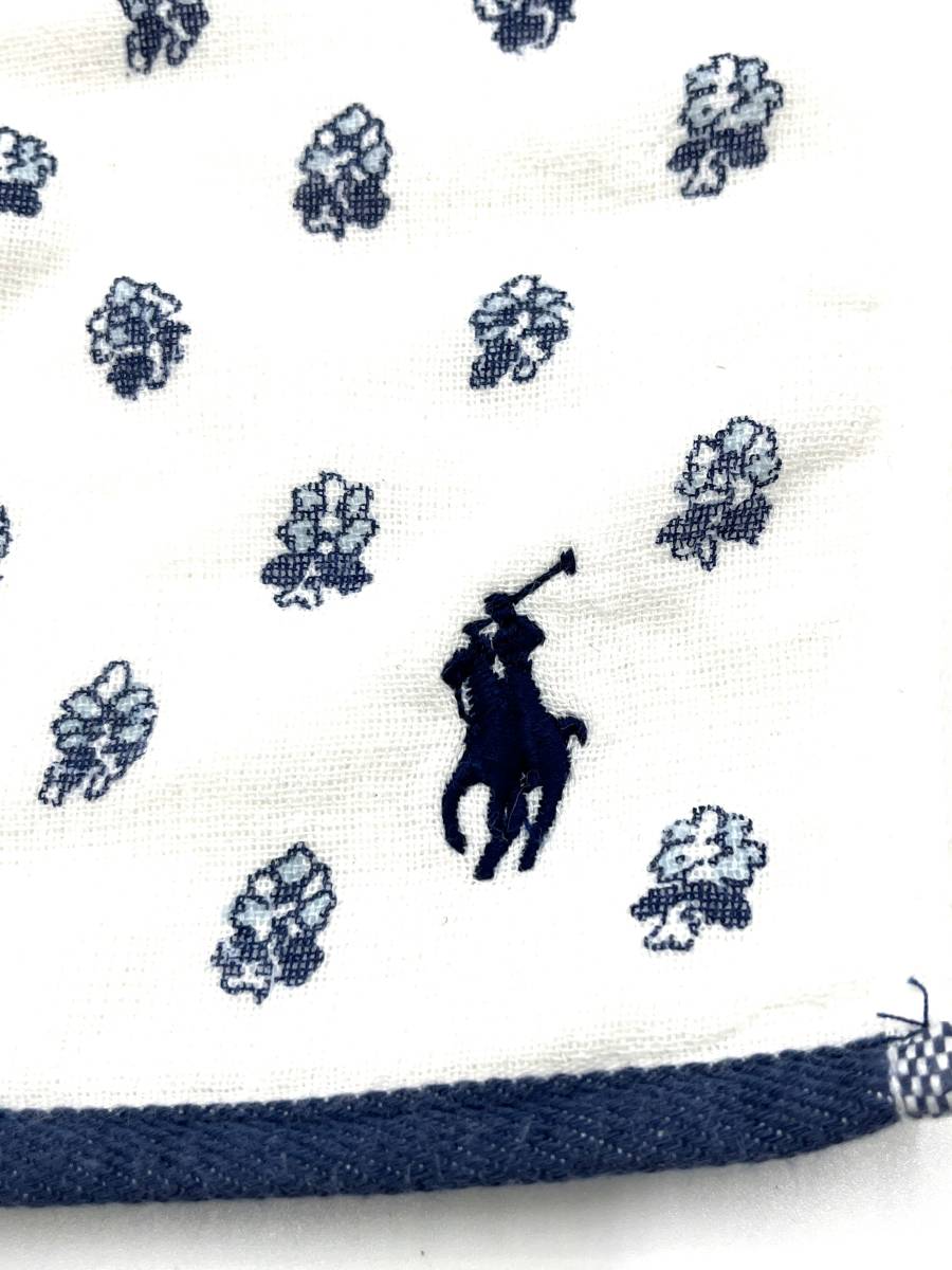 Ralph Lauren　ラルフローレン　ハンカチ　ミニタオル　ホワイト×ブルー　ロゴ刺繍　コットン　25×25_画像2