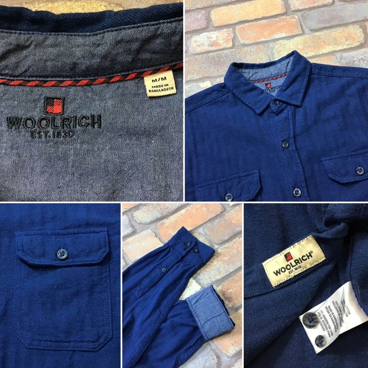 ME9-151★USA買付商品★良品★【WOOLRICH】長袖 ヘリンボーン フランネルシャツ【メンズ M】紺 シャドーストライプ アウトドア 無地 ネル_画像4