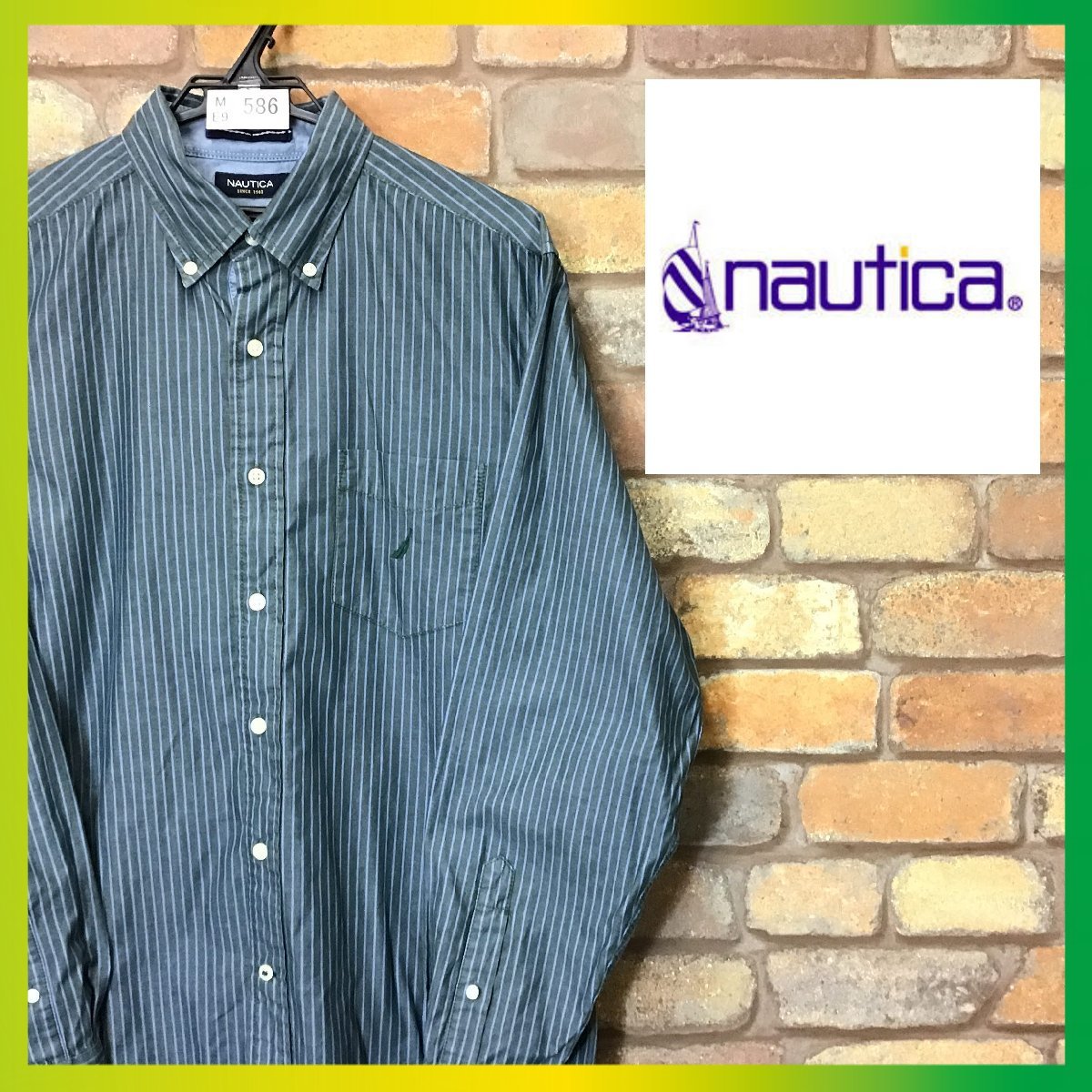 ME9-586★USA古着★雰囲気◎★グリーン系【NAUTICA ノーティカ】コットン100% ボタンダウン ストライプシャツ【メンズ M】長袖 柄シャツ_画像1