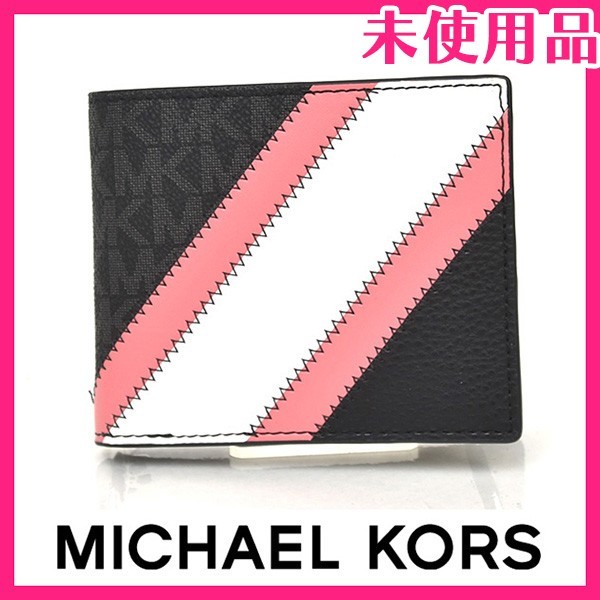 新品未使用品 マイケルコース MICHAEL KORS ロゴ ライン コインケース付き 二つ折り財布 ブラック×ピンク 黒 ot23-0021