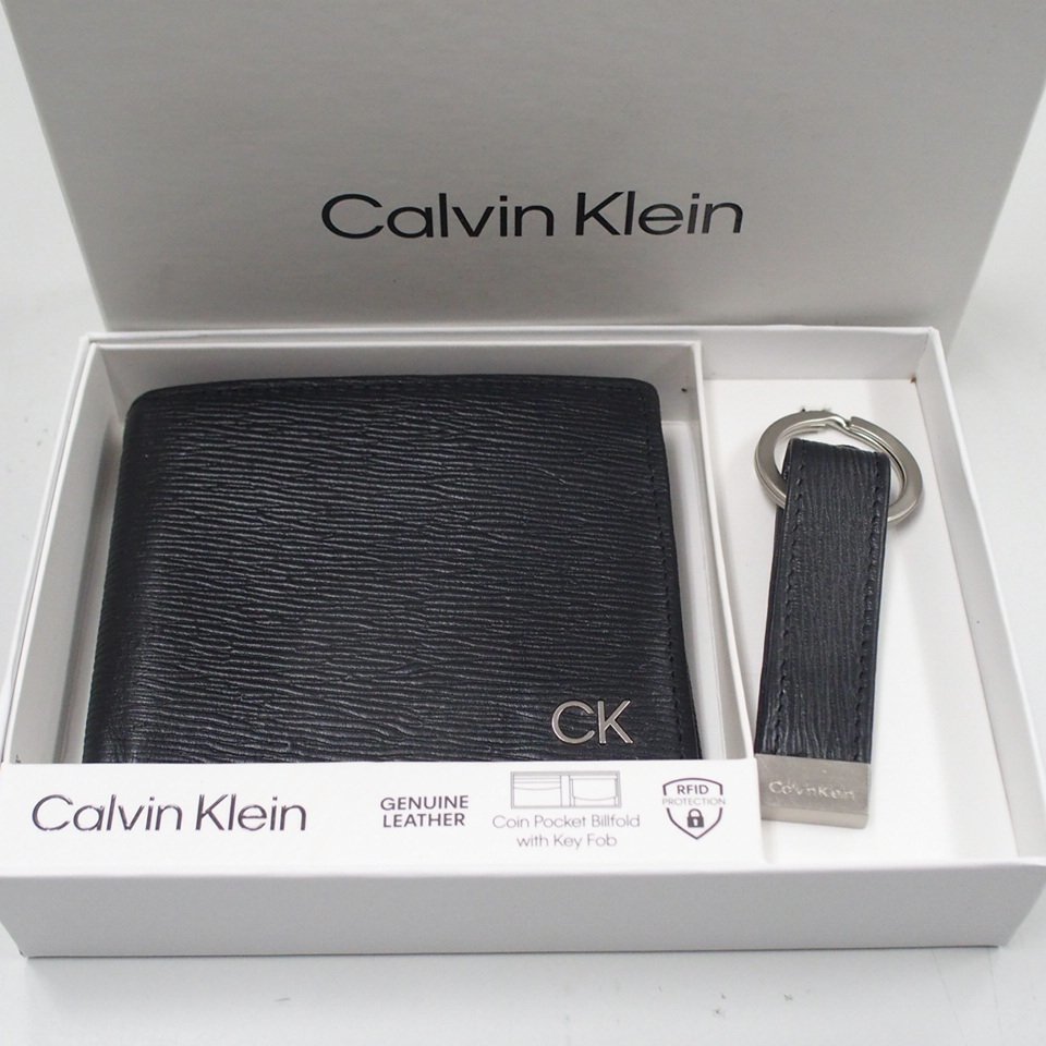 m002 D2 Calvin Klein カルバンクライン 二つ折り財布 ウォレット コンパクト 黒 ブラック キーリング付き メンズ_画像1