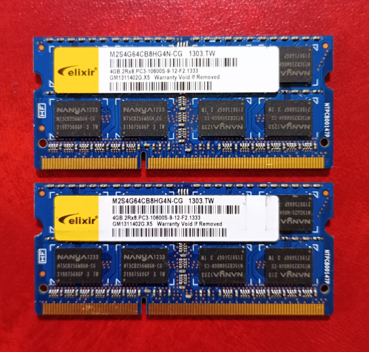 MN31-A【動作品】CFD elixir DDR3-1333 4GB×2枚 計8GB【送料無料】PC3-10600 ノートPC用 1.5V non-ECC Unbuffered M2S4G64CB8HG4N-CG_画像1