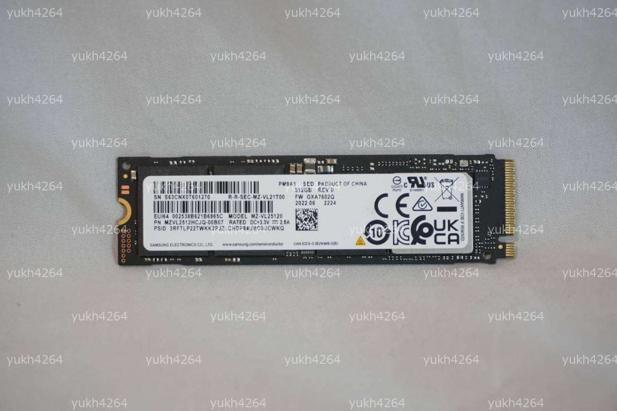 【新品】Samsung M.2 2280 NVMe SSD 512GB PM9A1 MZVL2512HCJQ 990 Pro OEM版 6900MB/s 5000MB/s MLC NAND KeyM PCIe4.0×4接続 Panasonic_Lets note FV4からの抜取品、動作確認済