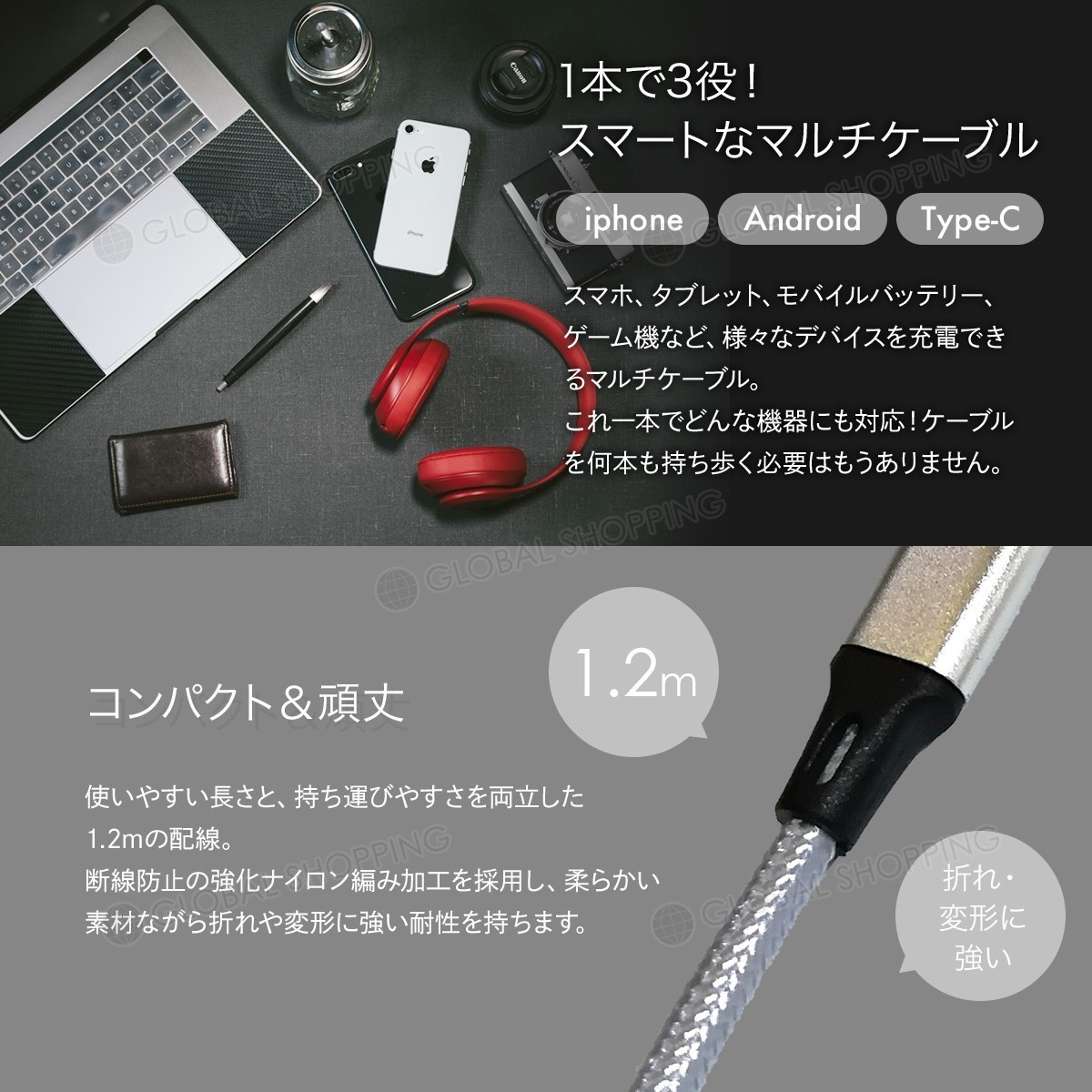 充電ケーブル iPhone Type-C Micro USB 3in1 急速充電 Android モバイルバッテリー 充電器 高耐久 3台同時充電 2.4A 1.2ｍ シルバー_画像2