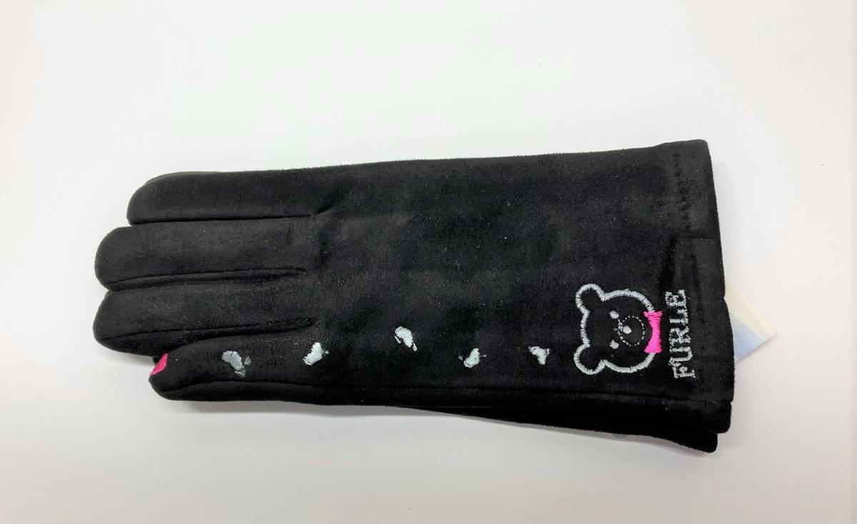 レディース手袋(N082)クマ刺繍　裏起毛スエード　あったか スマホタッチ対応　黒_画像3