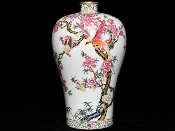 100％品質粉彩花鳥紋陶磁器雍正年製古びた蔵『清梅瓶』極細工中国古玩