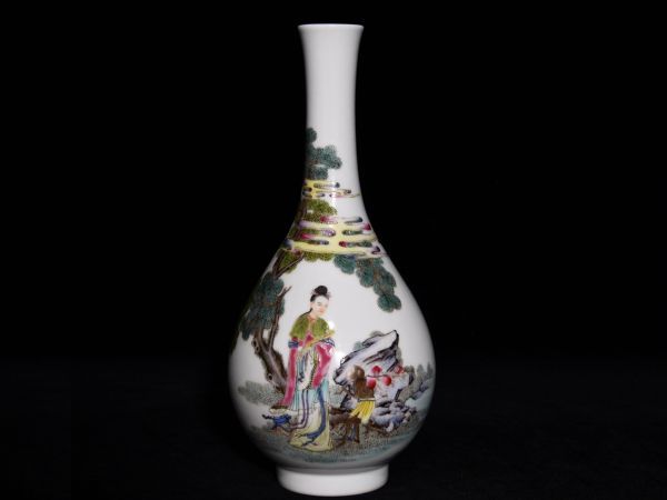 古びた蔵『清 雍正年製 陶磁器 粉彩人物紋 膽瓶』極細工 置物 擺件 古賞物 古美術 中国古玩