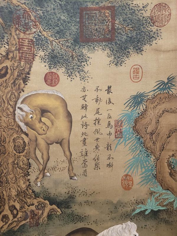 古びた蔵 中国書画 元代画家『趙孟フ 駿馬図 肉筆絹本』真作 掛け軸 書画立軸 巻き物 古美術_画像4