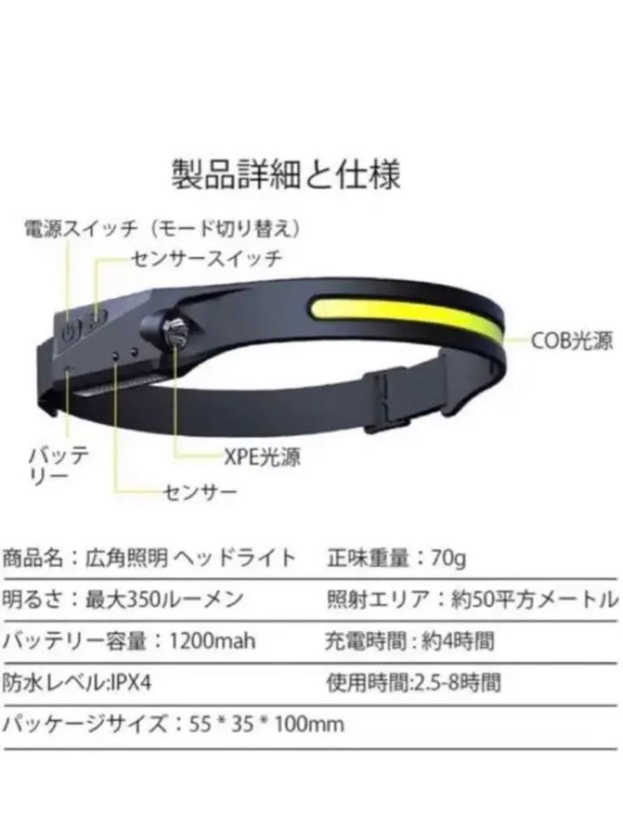 【2個セット】ヘッドライト 充電式USB LEDデュアル光源 高輝度